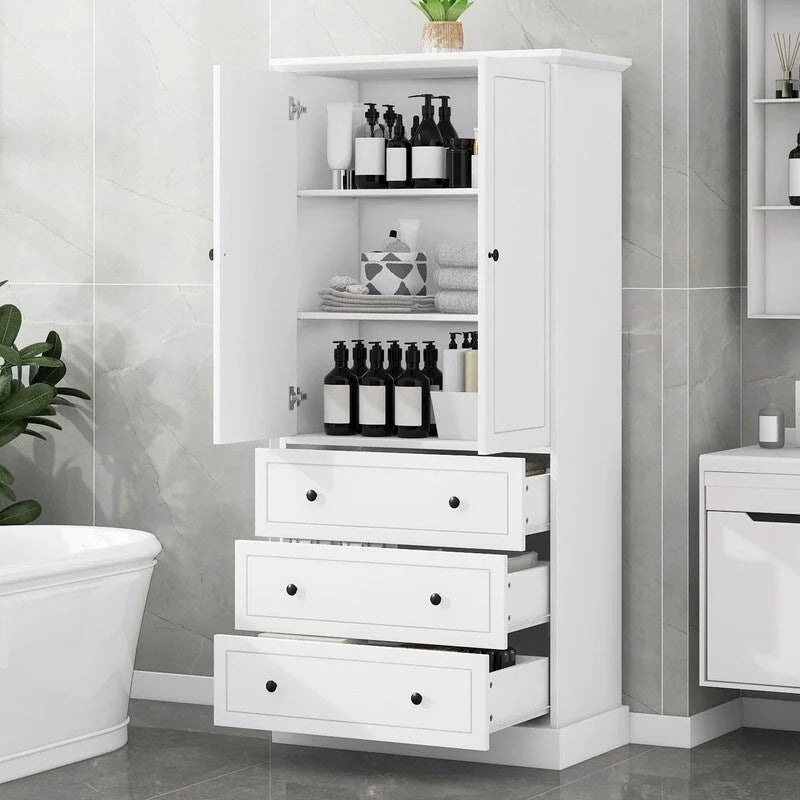 Meuble de salle de bain autoportant avec portes et 3 grands tiroirs, étagères réglables