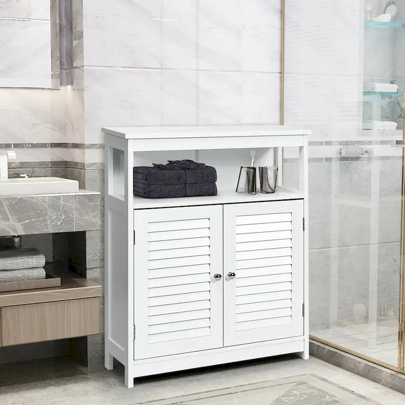 Meuble de Rangement Salle de Bain en Bois avec Double Porte à Persiennes