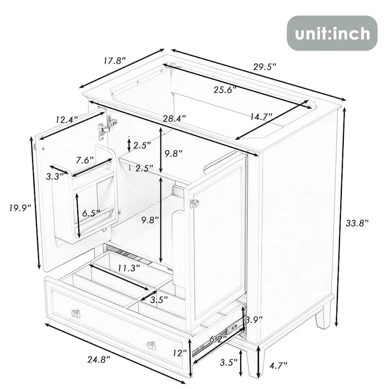 Meuble de rangement de salle de bain 30 po, meuble-lavabo de salle de bain avec portes, tiroirs, étagère réglable
