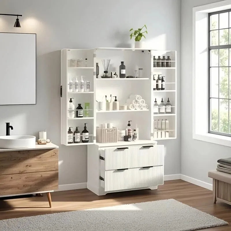 Meuble de Rangement pour Salle de Bain Style Ferme avec 2 Grands Tiroirs, Étagère à 8 Portes et 3 Tablettes