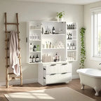 Meuble de Rangement pour Salle de Bain Style Ferme avec 2 Grands Tiroirs, Étagère à 8 Portes et 3 Tablettes