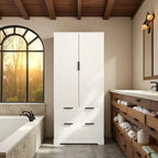 Meuble de Rangement pour Salle de Bain Style Ferme avec 2 Grands Tiroirs, Étagère à 8 Portes et 3 Tablettes