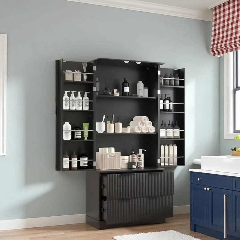 Meuble de Rangement pour Salle de Bain Style Ferme avec 2 Grands Tiroirs, Étagère à 8 Portes et 3 Tablettes