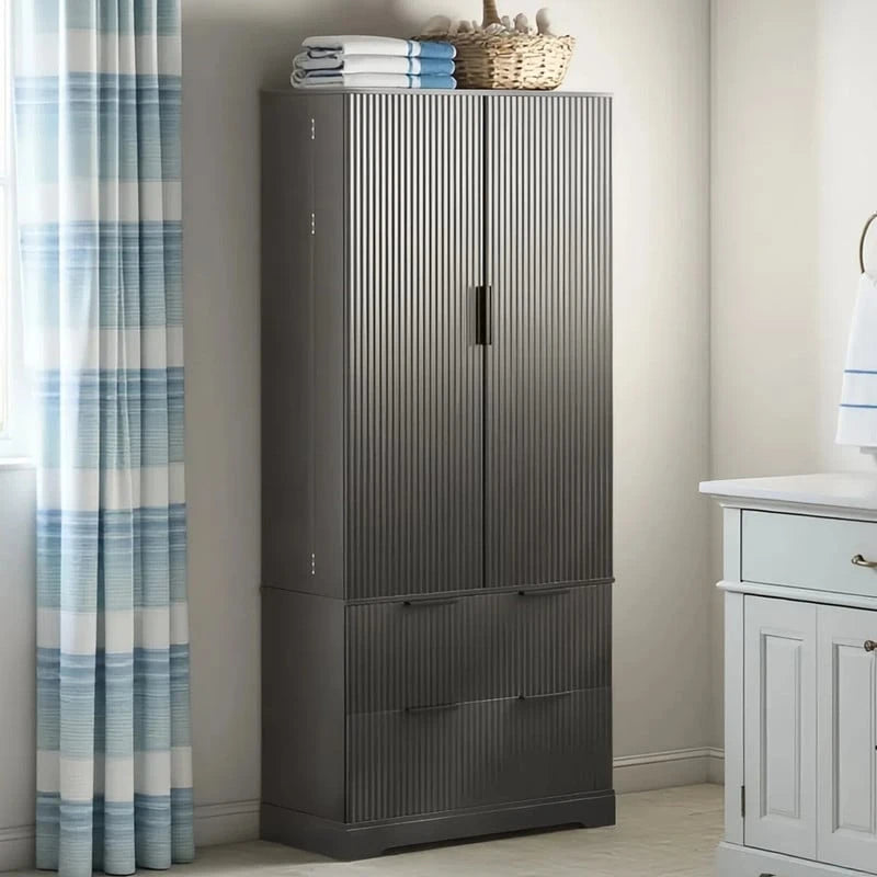 Meuble de Rangement pour Salle de Bain Style Ferme avec 2 Grands Tiroirs, Étagère à 8 Portes et 3 Tablettes