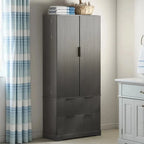 Meuble de Rangement pour Salle de Bain Style Ferme avec 2 Grands Tiroirs, Étagère à 8 Portes et 3 Tablettes