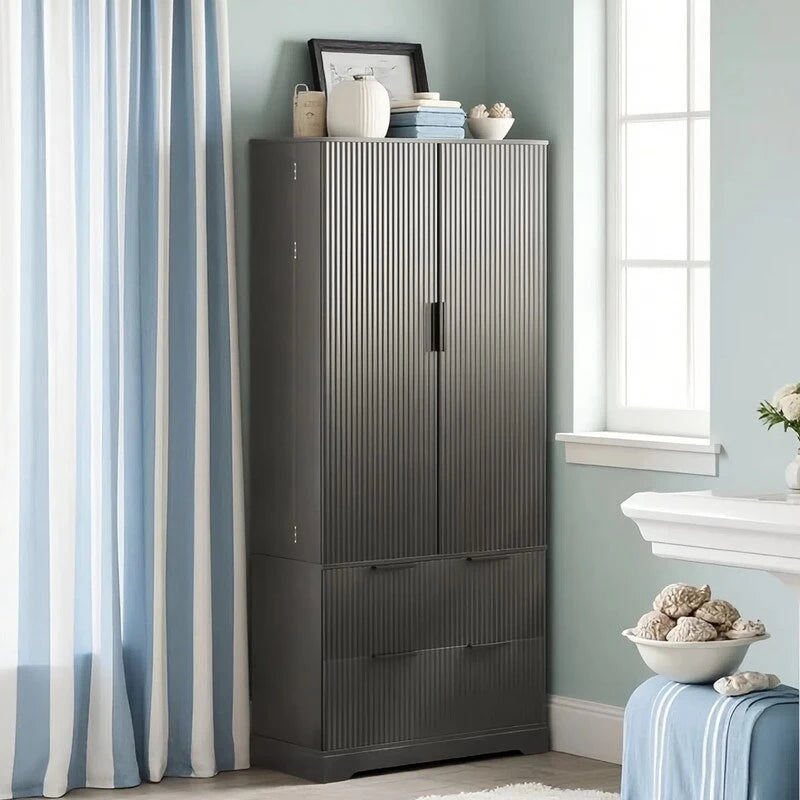 Meuble de Rangement pour Salle de Bain Style Ferme avec 2 Grands Tiroirs, Étagère à 8 Portes et 3 Tablettes
