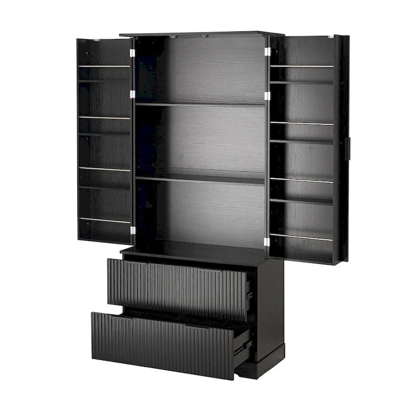 Meuble de Rangement pour Salle de Bain Style Ferme avec 2 Grands Tiroirs, Étagère à 8 Portes et 3 Tablettes