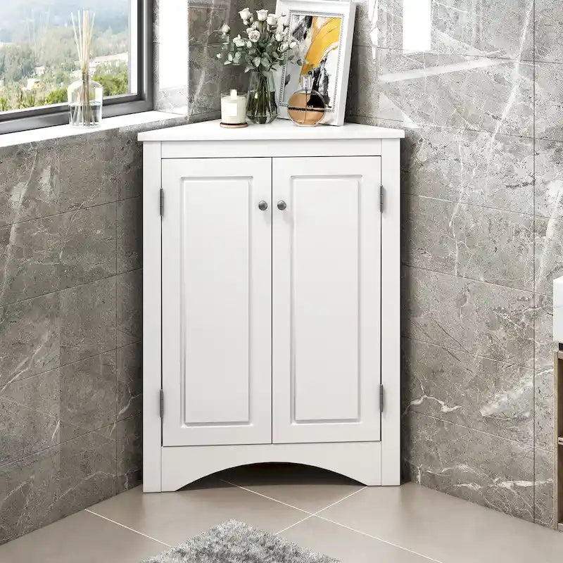 Meuble de rangement d'angle blanc pour salle de bain avec étagères réglables - 17.2W x 17.2D x 31.5H