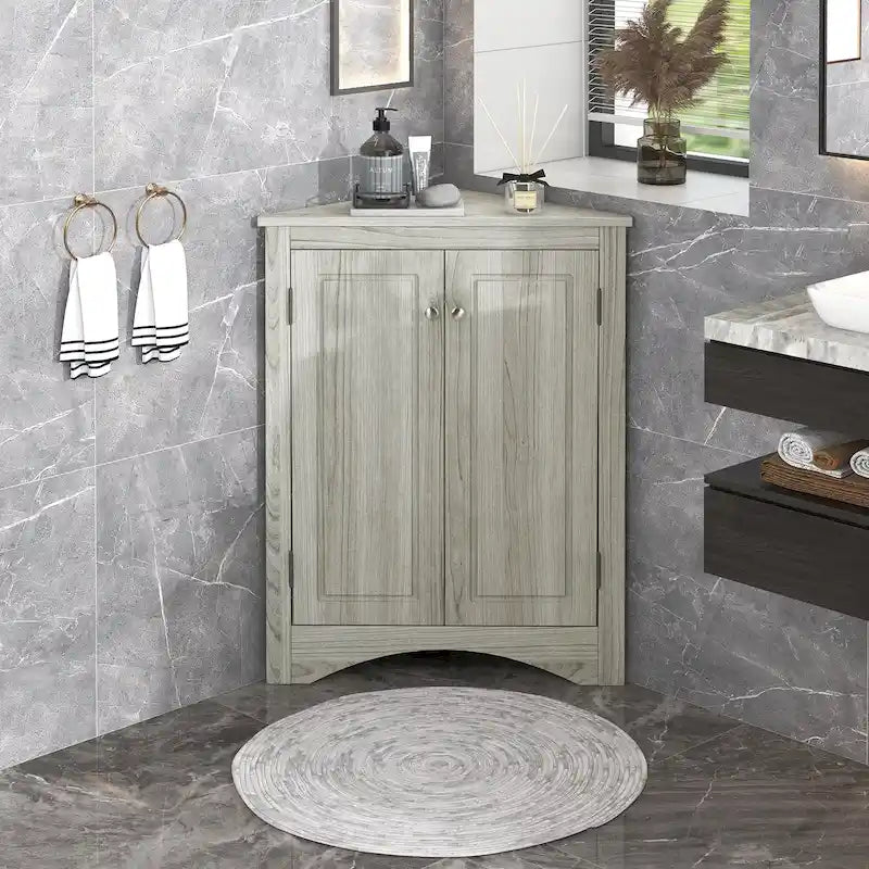 Meuble de rangement d'angle blanc pour salle de bain avec étagères réglables - 17.2W x 17.2D x 31.5H