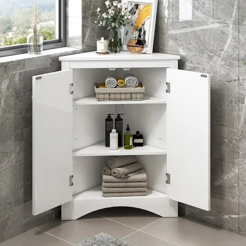 Meuble de rangement d'angle blanc pour salle de bain avec étagères réglables - 17.2W x 17.2D x 31.5H