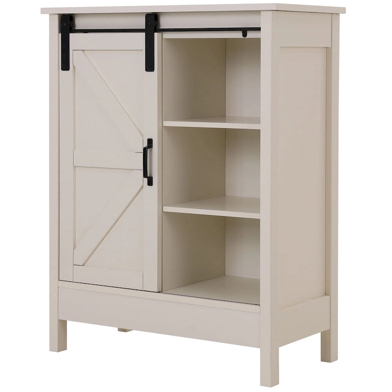 Meuble de rangement de salle de bain sur pied style ferme avec porte coulissante type grange