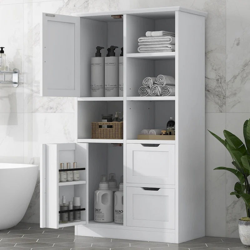 Meuble de rangement de salle de bain avec portes et tiroirs, étagère ouverte, étagère réglable