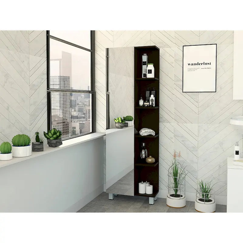 Rénovation armoire à linge miroir, quatre étagères intérieures, finition wengé noir