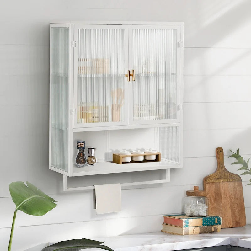 Meuble mural moderne de 60 cm avec porte en verre, deux étagères fermées, une étagère ouverte et un porte-serviettes pour l'entrée