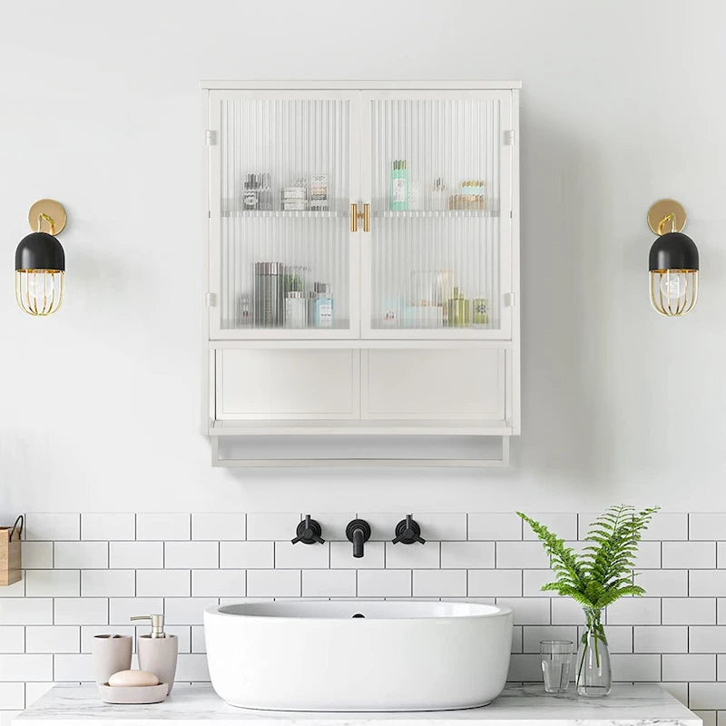 Meuble mural moderne de 60 cm avec porte en verre, deux étagères fermées, une étagère ouverte et un porte-serviettes pour l'entrée