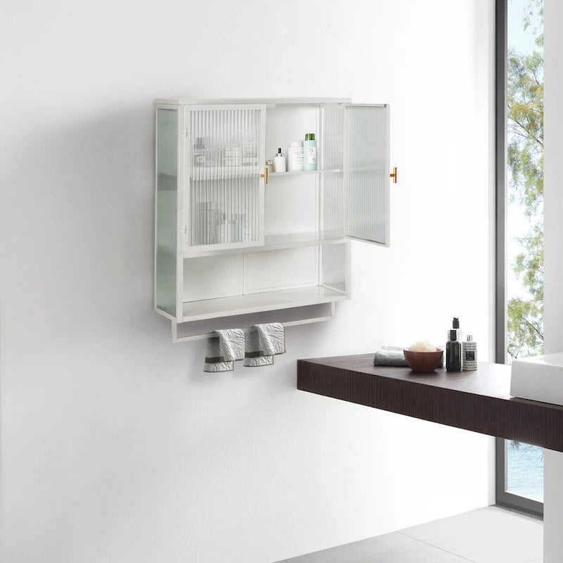 Meuble mural moderne de 60 cm avec porte en verre, deux étagères fermées, une étagère ouverte et un porte-serviettes pour l'entrée