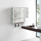 Meuble mural moderne de 60 cm avec porte en verre, deux étagères fermées, une étagère ouverte et un porte-serviettes pour l'entrée