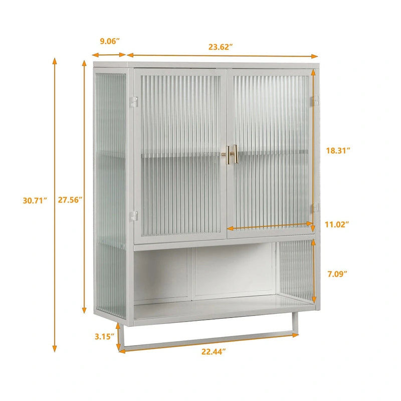 Meuble mural moderne de 60 cm avec porte en verre, deux étagères fermées, une étagère ouverte et un porte-serviettes pour l'entrée