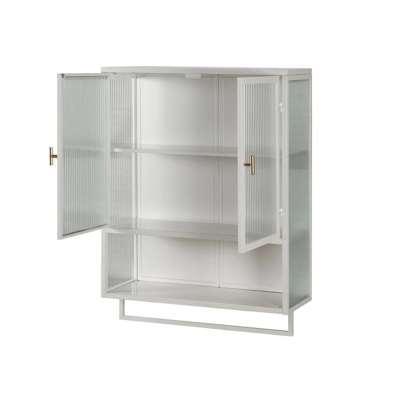 Meuble mural moderne de 60 cm avec porte en verre, deux étagères fermées, une étagère ouverte et un porte-serviettes pour l'entrée