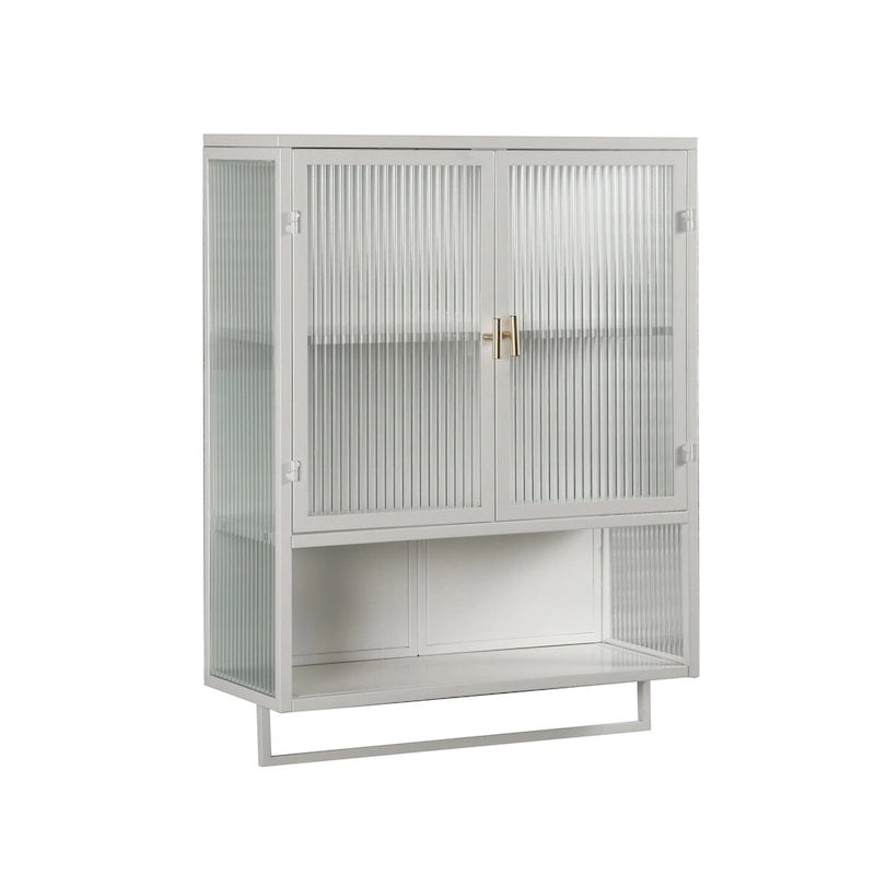 Meuble mural moderne de 60 cm avec porte en verre, deux étagères fermées, une étagère ouverte et un porte-serviettes pour l'entrée