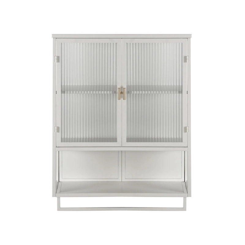 Meuble mural moderne de 60 cm avec porte en verre, deux étagères fermées, une étagère ouverte et un porte-serviettes pour l'entrée